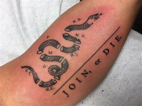 Join or die tattoo - May 9, 2023 · On this day in 1754, Benjamin Franklin published one of the most famous cartoons in history: the Join or Die woodcut. Franklin’s art carried significant importance at the time and is considered an early masterpiece of political messaging. At the time, Franklin was the publisher of the Pennsylvania Gazette. He also had been chosen as a ... 